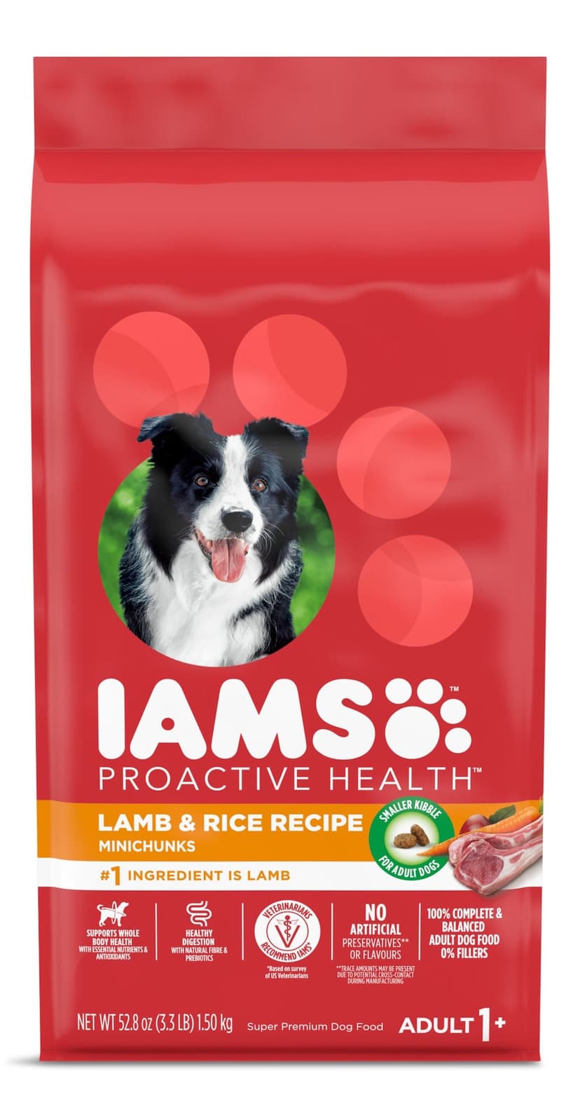 IAMS Proactive Health Mini Chunks Adult Dry Dog Food, Lamb and Rice Minichunks, 1.5-kg