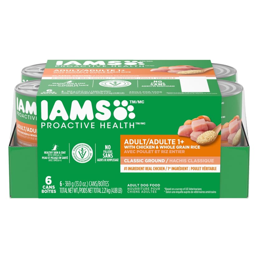 IAMS Proactive Health Chicken and Rice Adult Wet Dog Food, Classic Ground, 6 x 369-g