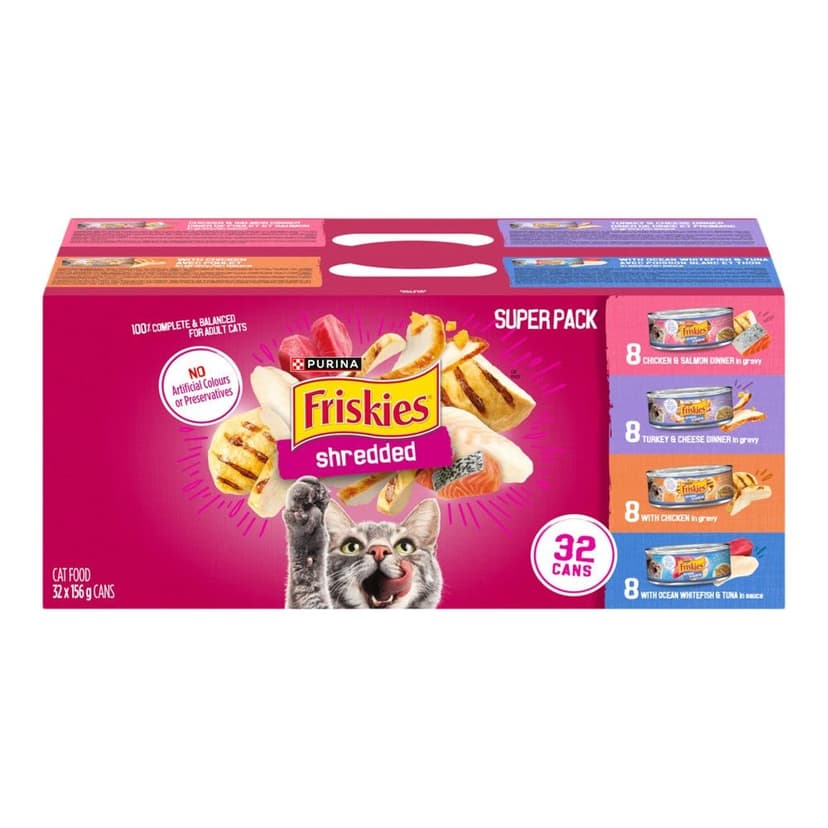 Purina Friskies Shredded Variety Super Pack Adult Wet Cat Food, 4 Unique Flavours, 32 x 156-g