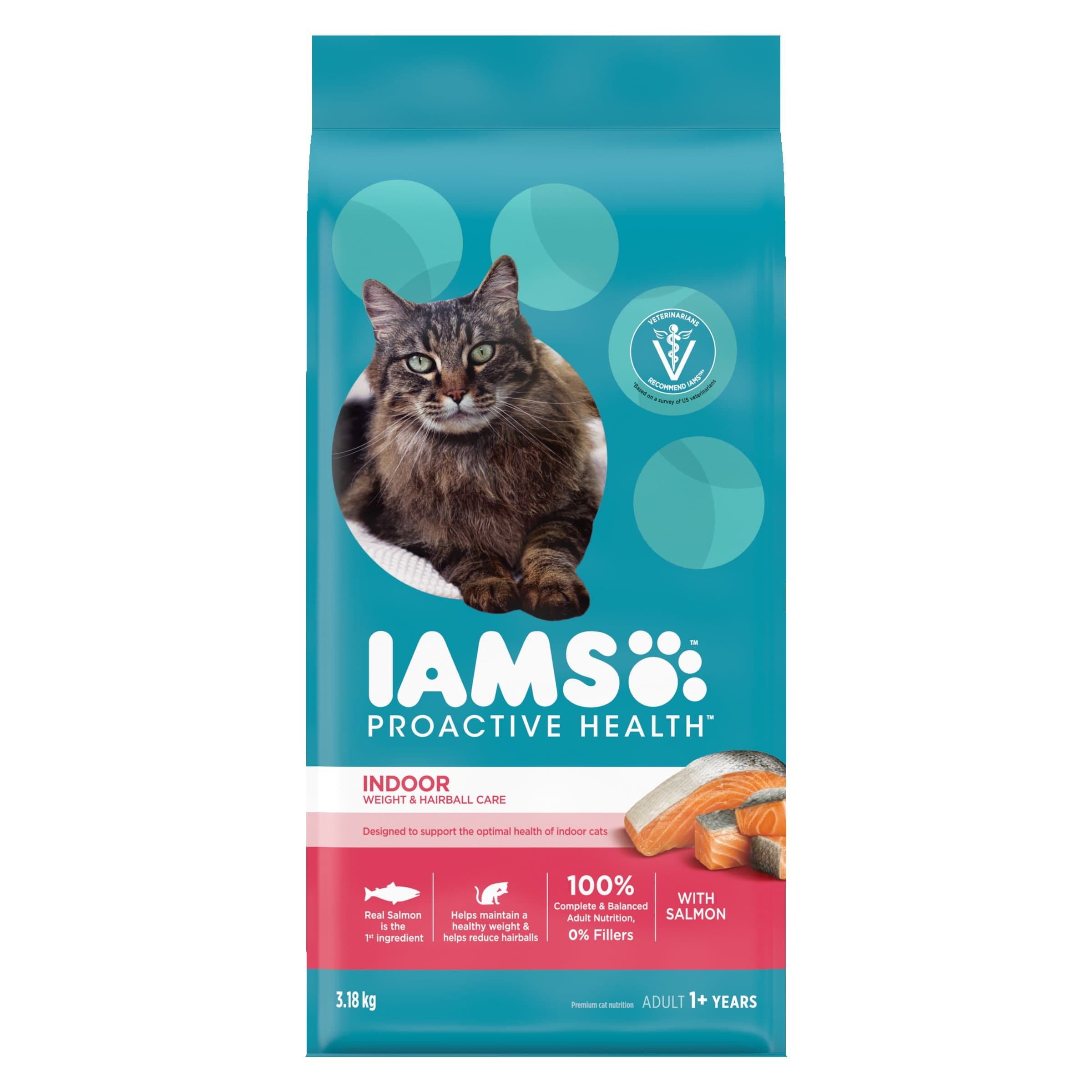 IAMS PROACTIVE HEALTH Adult Indoor Weight & Hairball Care Dry Cat Food with Salmon, 3.18-kg