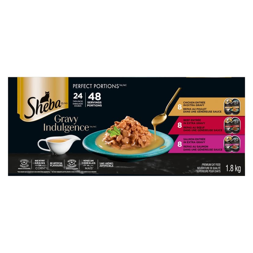 Sheba Perfect Portions Gravy Indulgence Cat Food, Chicken, Beef & Salmon Flavours, 24-pk
