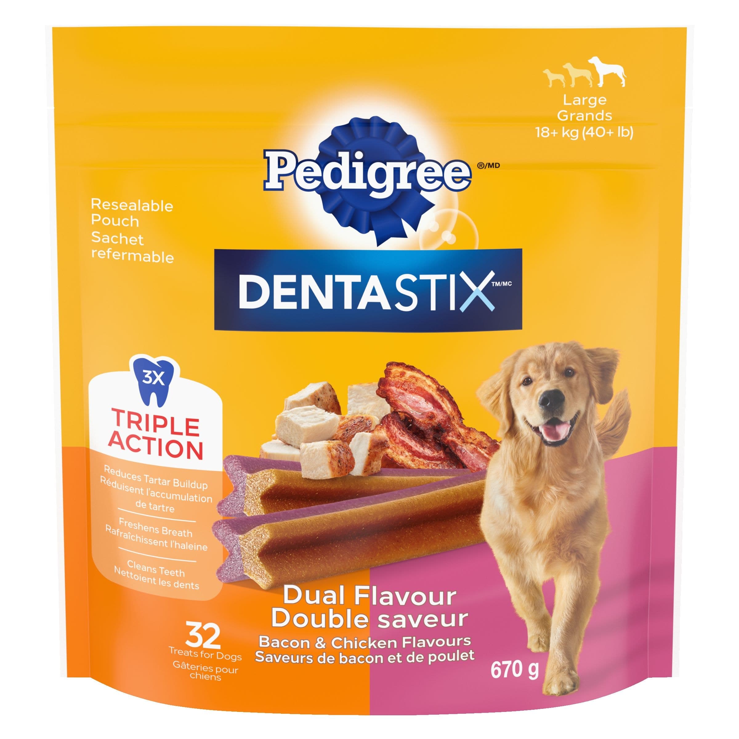 Pedigree Dentastix™ Mini Dual Flavour Bacon and Chicken Oral Care Dog Treats for Large Breeds, 670-g, 32-pk