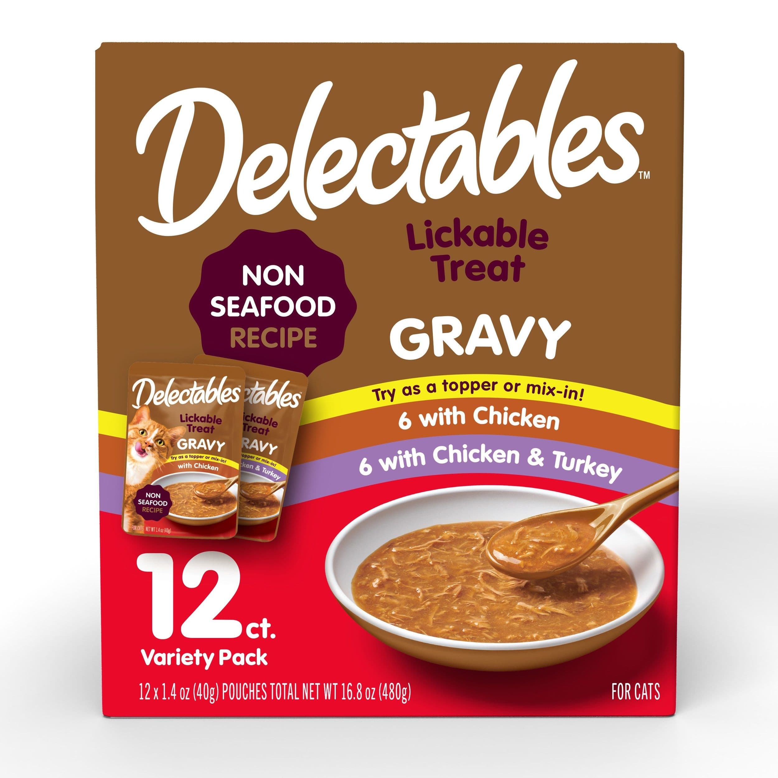 Hartz Delectables Lickable Cat Treat Gravy Pouch Variety Pack, Non Seafood Recipe, 12-pk