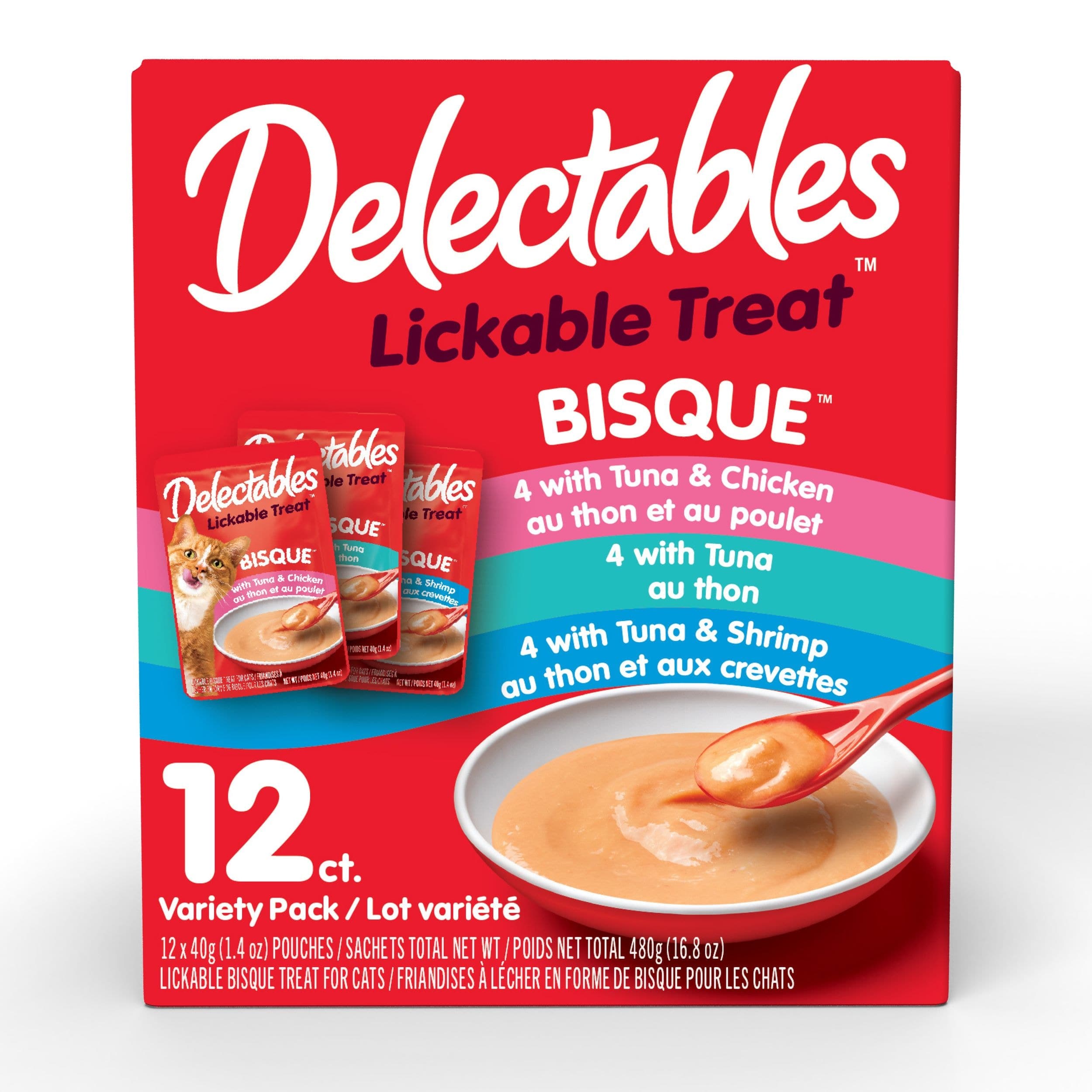 Hartz Delectable Bisque Pouches Lickable Wet Cat Treats Variety Pack, 12-pk