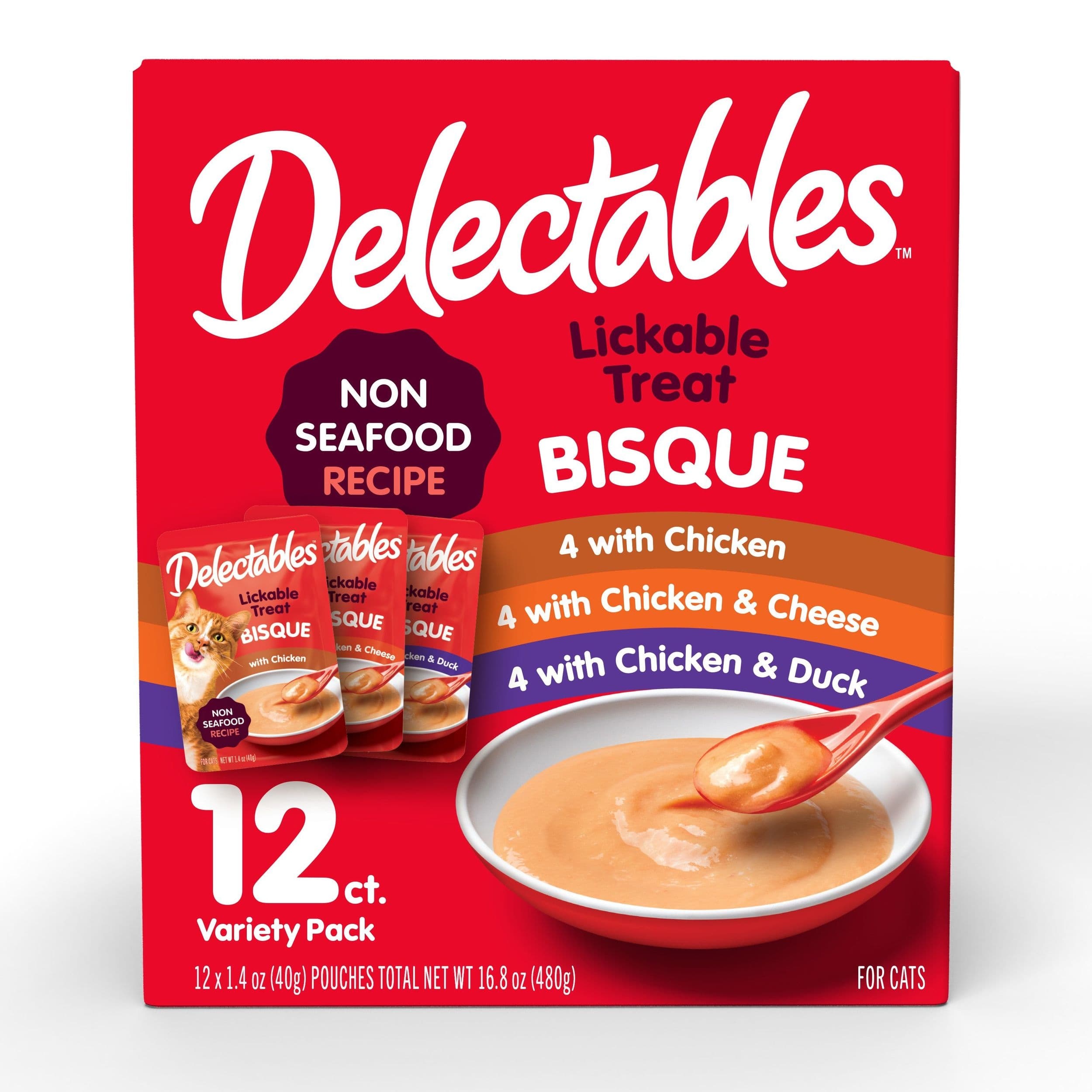 Hartz Delectables Lickable Cat Treat Bisque Pouch Variety Pack, Non-Seafood Recipe, 12-pk