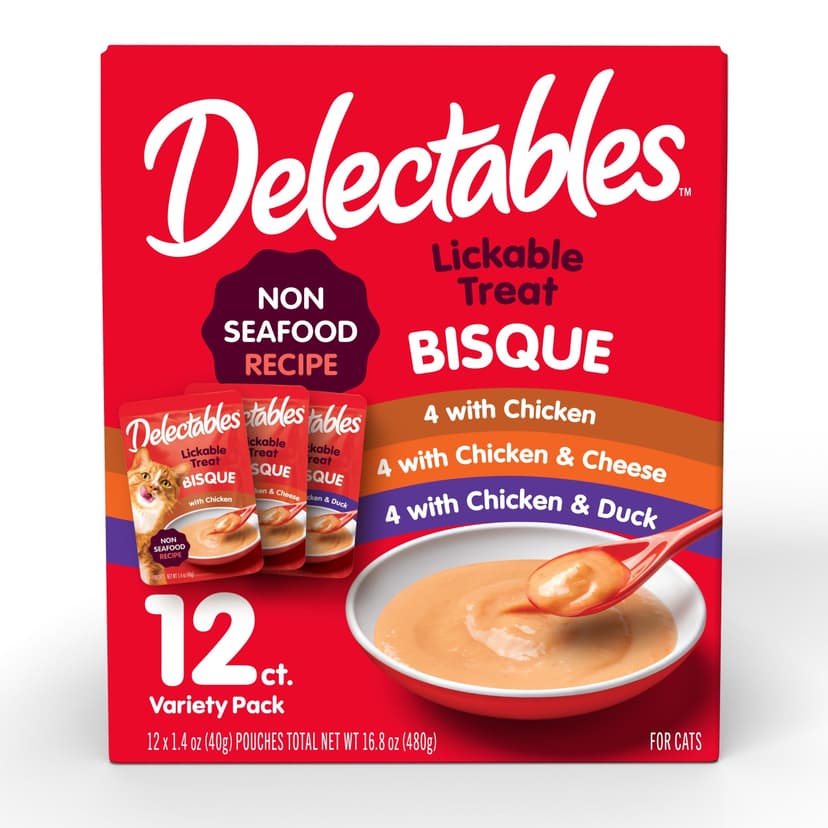 Hartz Delectables Lickable Cat Treat Bisque Pouch Variety Pack, Non-Seafood Recipe, 12-pk