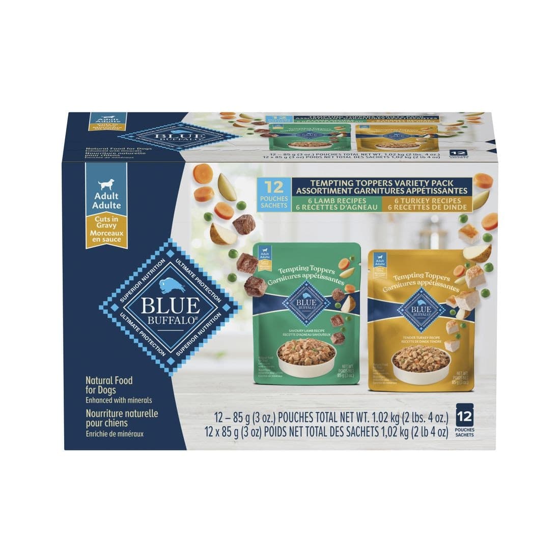 Blue Buffalo Tempting Toppers Natural Wet Dog Food Topper, Lamb and Turkey Dinner Pouch, 85-g, 12-pk