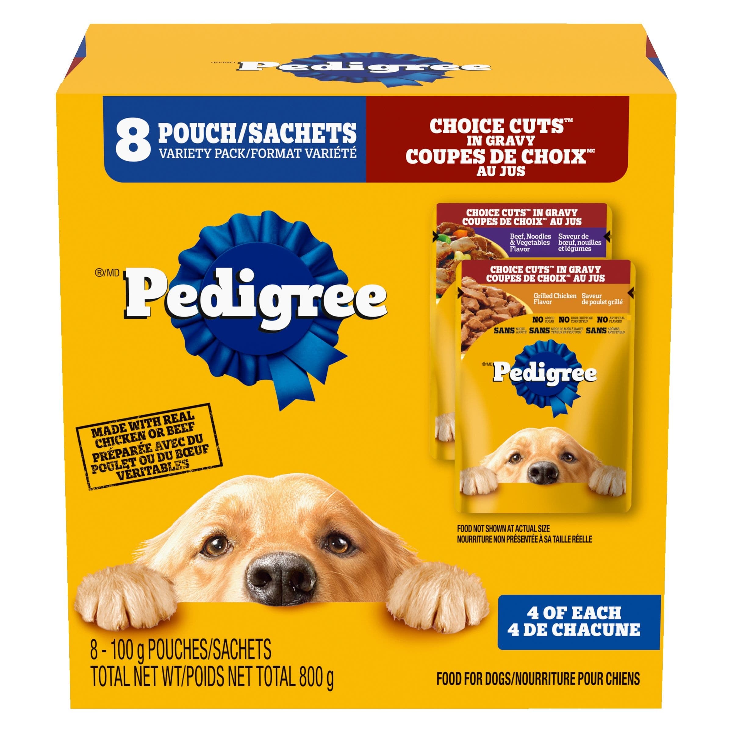 Pedigree Single Choice Cuts in Gravy Grilled Chicken & Beef Noodle Flavour Adult Wet Dog Food Variety Pack, 100-g, 8-pk