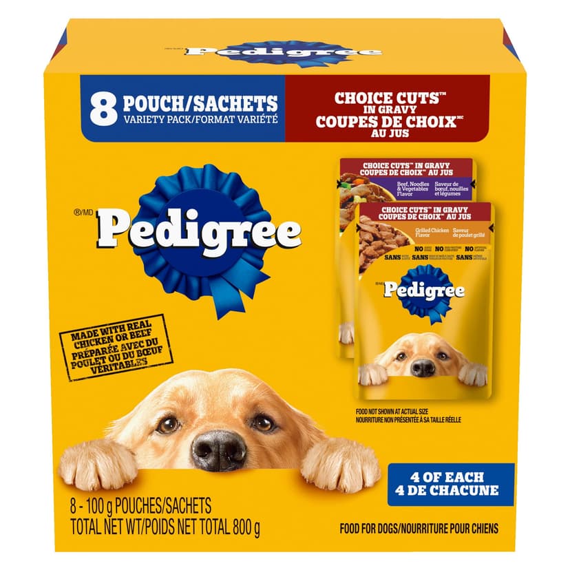 Pedigree Single Choice Cuts in Gravy Grilled Chicken & Beef Noodle Flavour Adult Wet Dog Food Variety Pack, 100-g, 8-pk