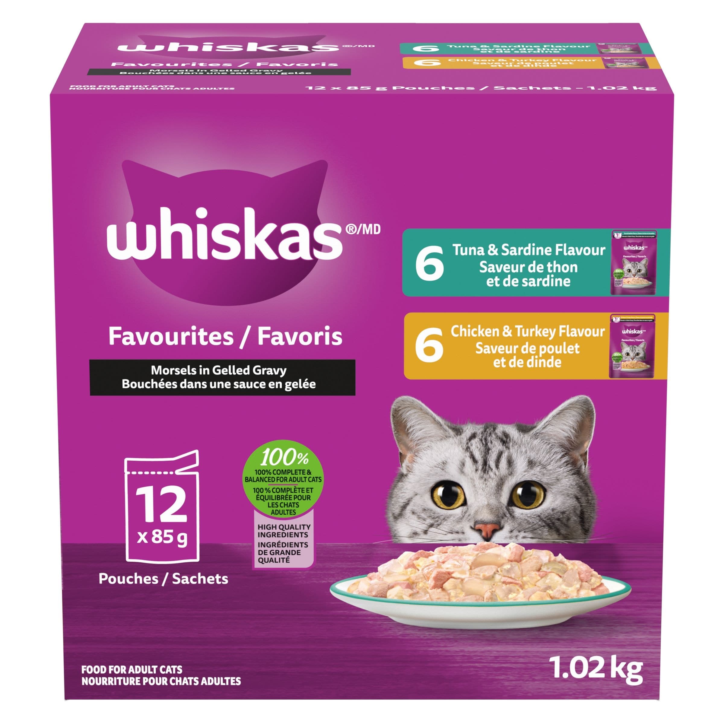Whiskas Favourites Morsels in Gelled Gravy Seafood & Meat Flavour Adult Wet Cat Food Variety Pack, 85-g, 12-pk