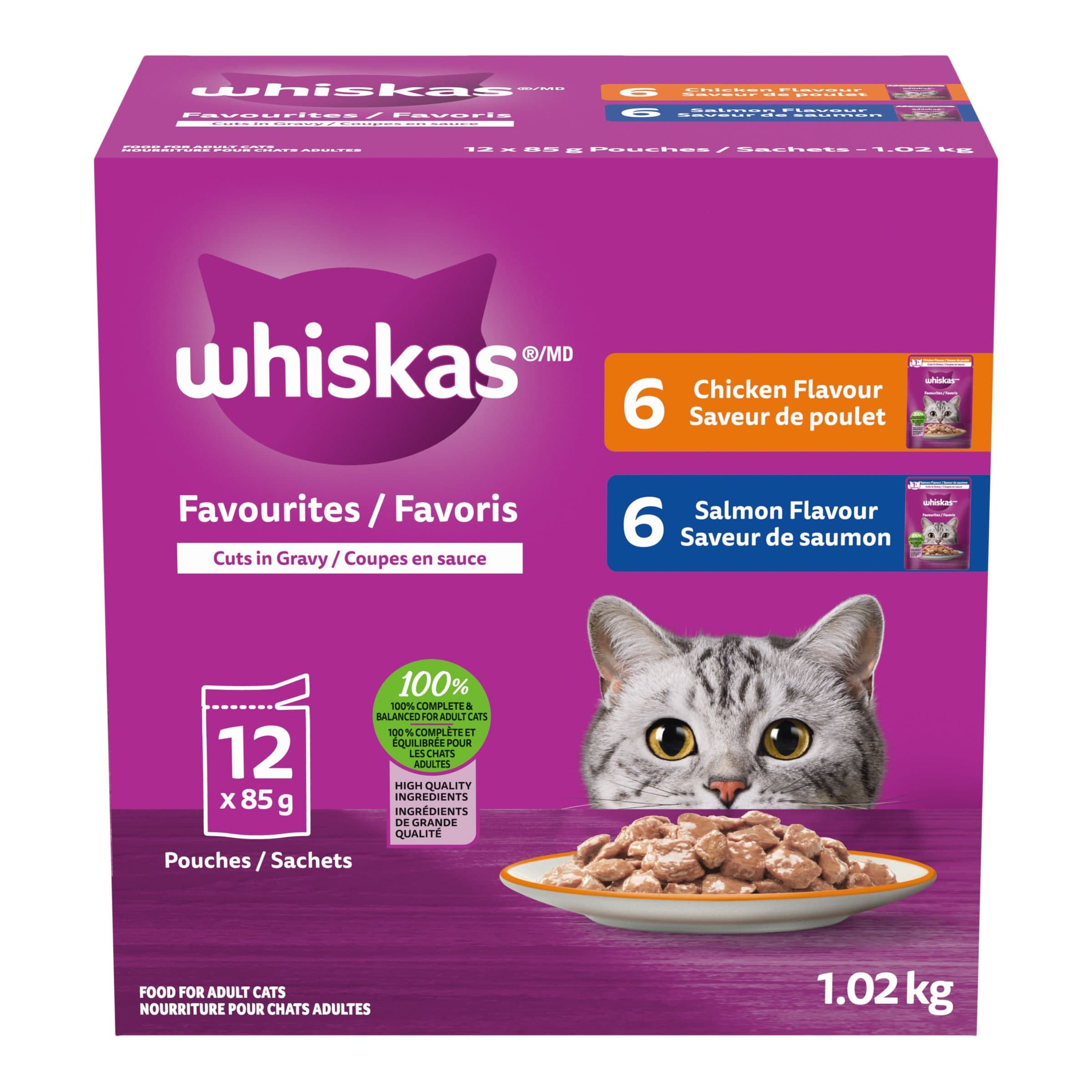 Whiskas Cuts in Gravy Chicken & Salmon Flavour Adult Wet Cat Food Variety Pack, 85-g, 12-pk