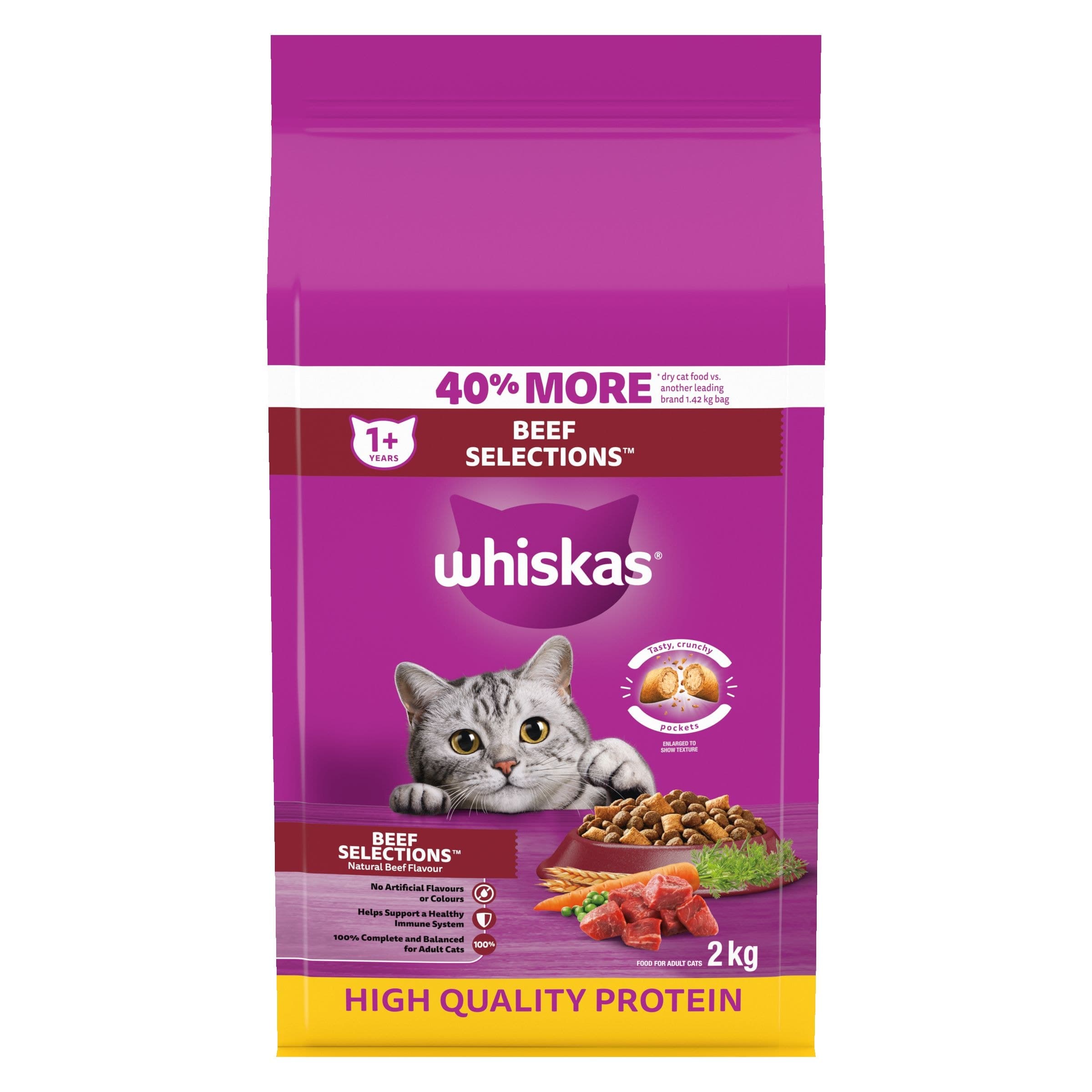 Whiskas High-Protein Beef Adult Cat Dry Food, 2-kg