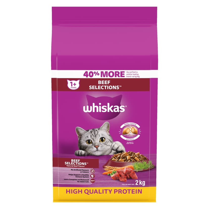 Whiskas High-Protein Beef Adult Cat Dry Food, 2-kg