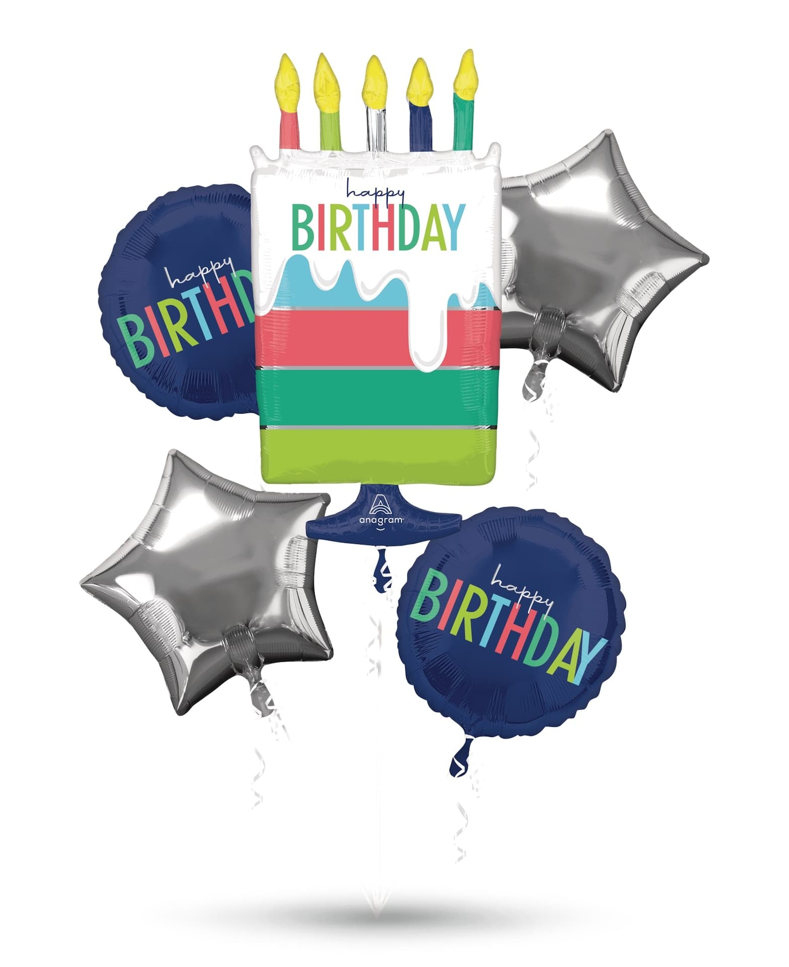 "Happy Birthday" Birthday Cake/Round/Star Satin Foil Balloon Bouquet, Navy Blue/Silver, 5-pk, Helium Inflation & Ribbon Included for Birthday Party