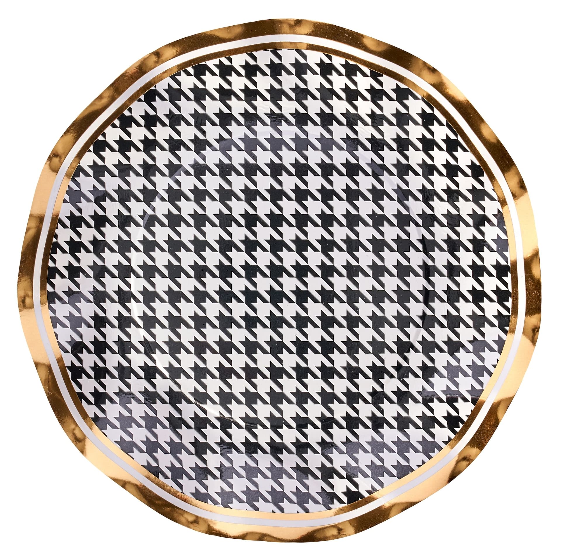 Sophistiplate Blanc Noir Round Bordered Trimmed Paper Disposable Lunch Plates, Black/White, Houndstooth, 8-in, 8-pk, for Christmas/New Year's Eve