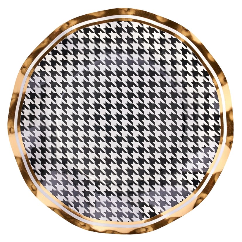 Sophistiplate Blanc Noir Round Bordered Trimmed Paper Disposable Lunch Plates, Black/White, Houndstooth, 8-in, 8-pk, for Christmas/New Year's Eve