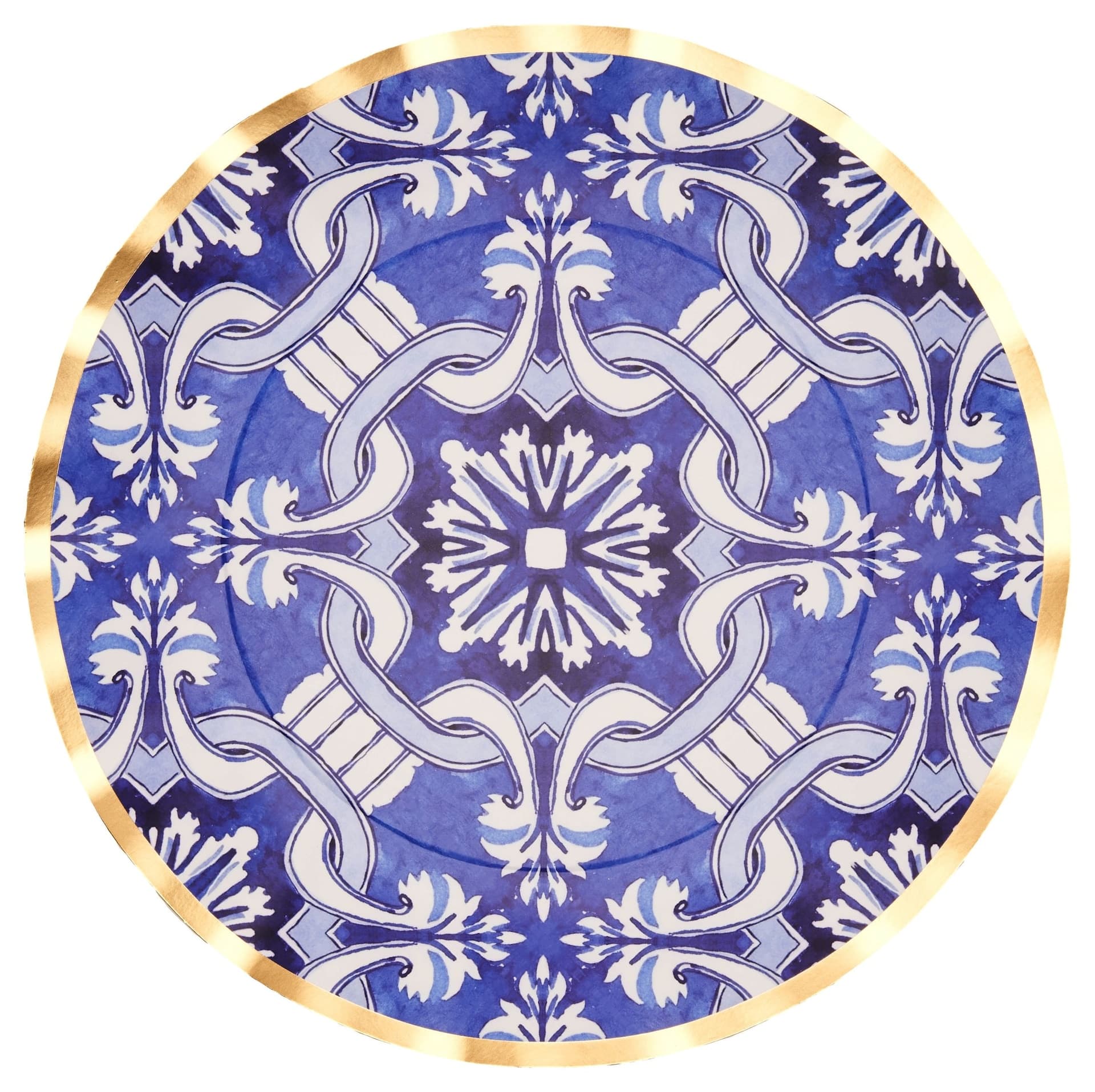 Sophistiplate Moroccan Nights Round Bordered Trimmed Paper Disposable Dinner Plates, Blue/Gold, Tile, 10-in, 8-pk, for Mother's Day/Easter