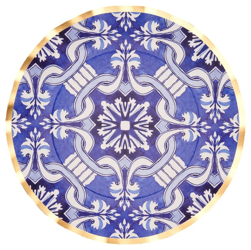 Sophistiplate Moroccan Nights Round Bordered Trimmed Paper Disposable Dinner Plates, Blue/Gold, Tile, 10-in, 8-pk, for Mother's Day/Easter