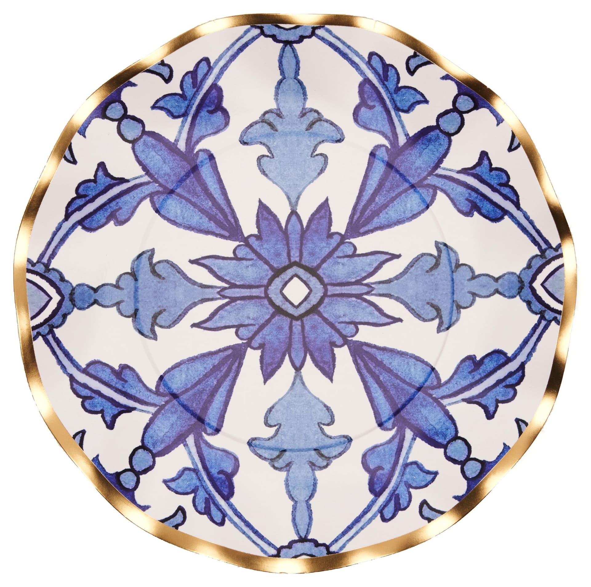 Sophistiplate Moroccan Nights Round Bordered Trimmed Paper Disposable Lunch Plates, Blue/Gold, Tile, 8-in, 8-pk, for Bridal Shower/Mother's Day/Easter