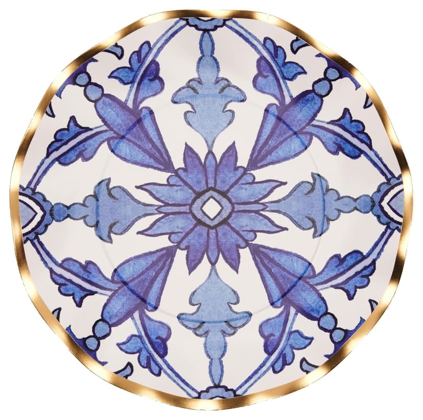 Sophistiplate Moroccan Nights Round Bordered Trimmed Paper Disposable Lunch Plates, Blue/Gold, Tile, 8-in, 8-pk, for Bridal Shower/Mother's Day/Easter