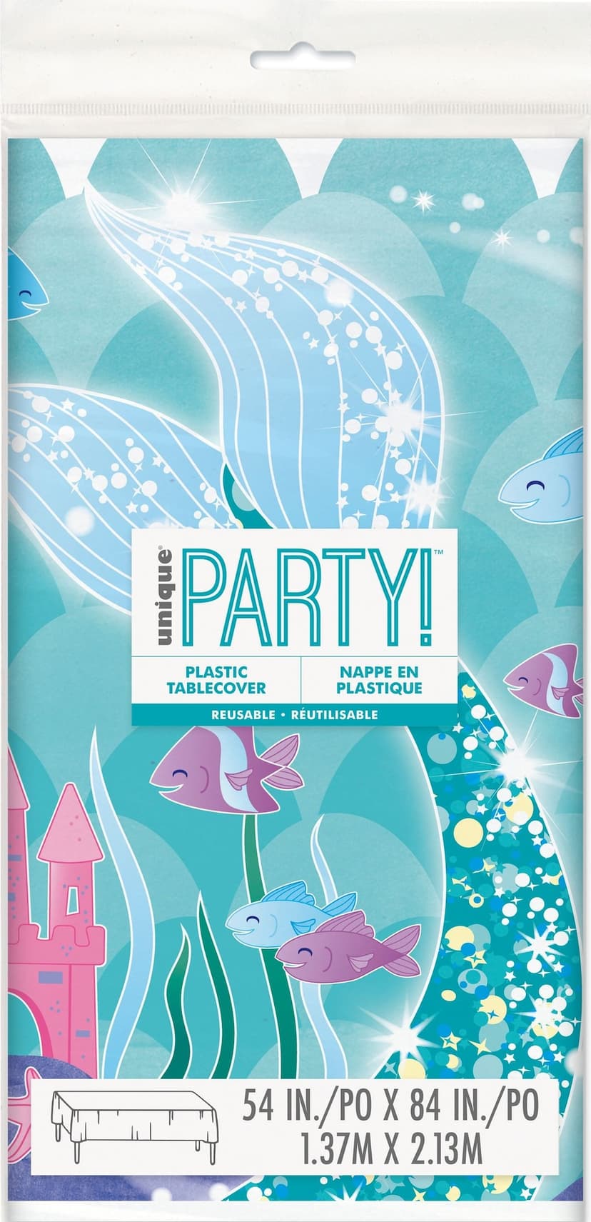 Shimmering Mermaids Rectangle Plastic Reusable Table Cover, White/Blue, 54x96-in, for Birthday Party