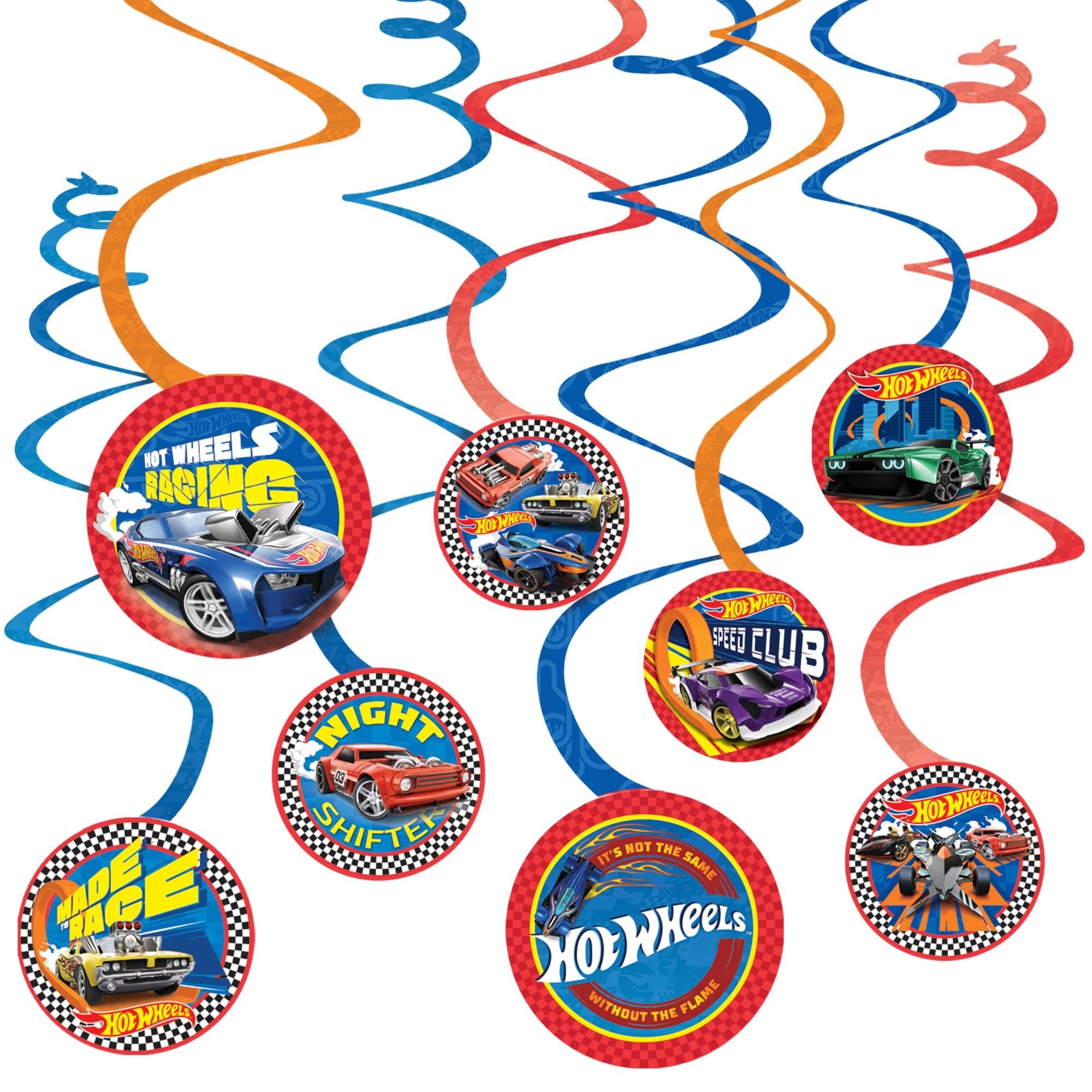 Hot Wheels Swirl Hanging Decorations, Blue/Orange, 10-in, 12-pk, for Birthday Party