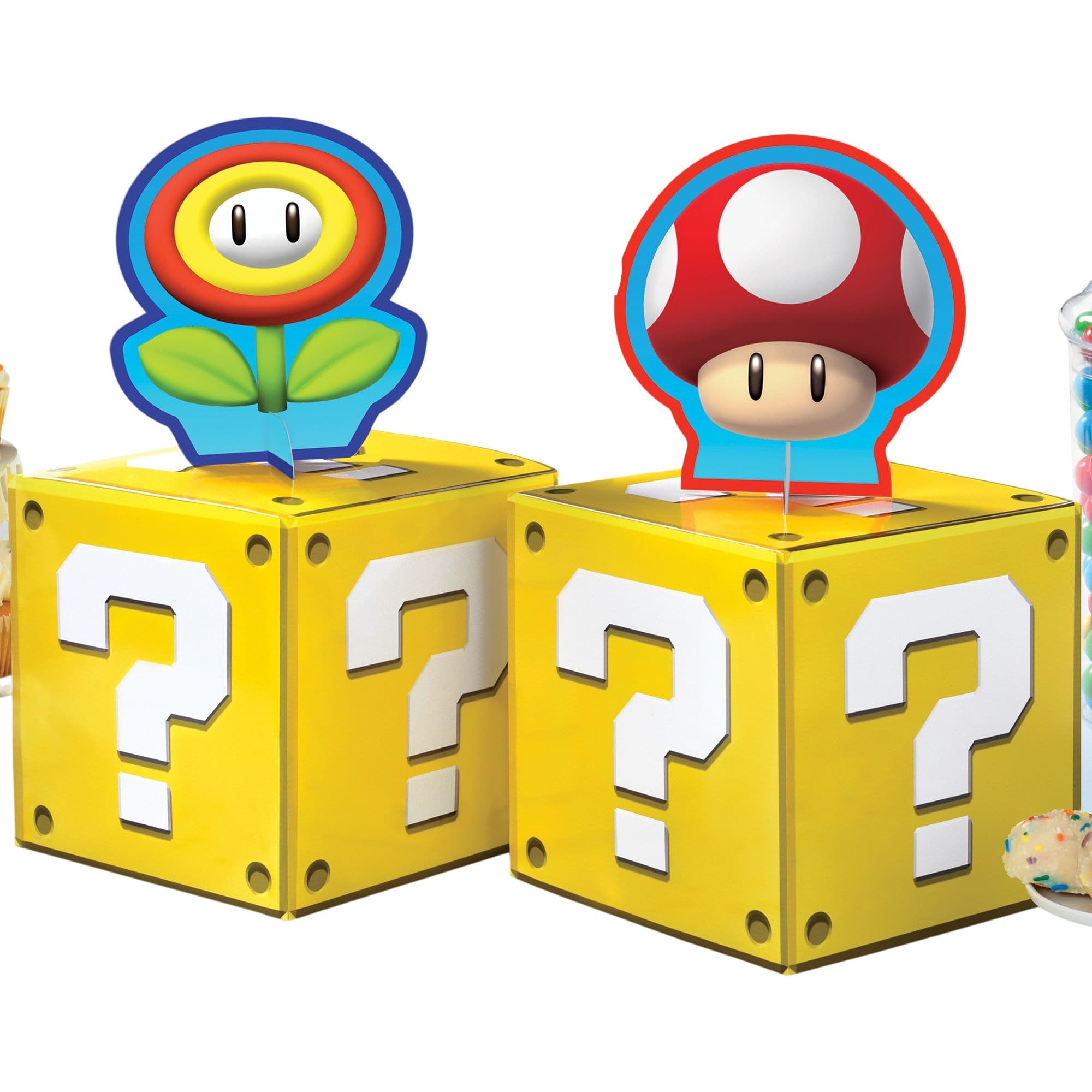 Nintendo Super Mario Bros "?" Mushroom Sign Table Centerpiece Decorations, Red/Yellow, 12-in, 4-pk, for Birthday Party