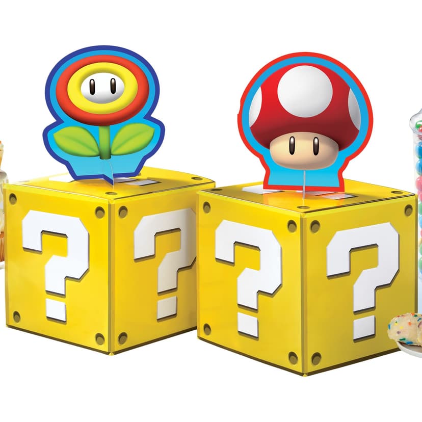 Nintendo Super Mario Bros "?" Mushroom Sign Table Centerpiece Decorations, Red/Yellow, 12-in, 4-pk, for Birthday Party