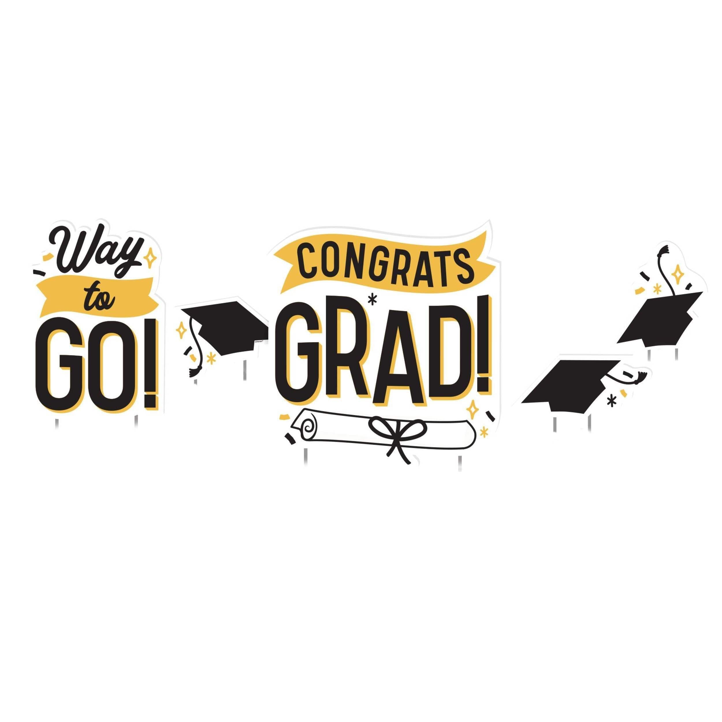 "Way to Go Congrats Grad" Outdoor Yard Stake Sign Decorations, Black/Gold, 6-in, 4-pk, for Graduation