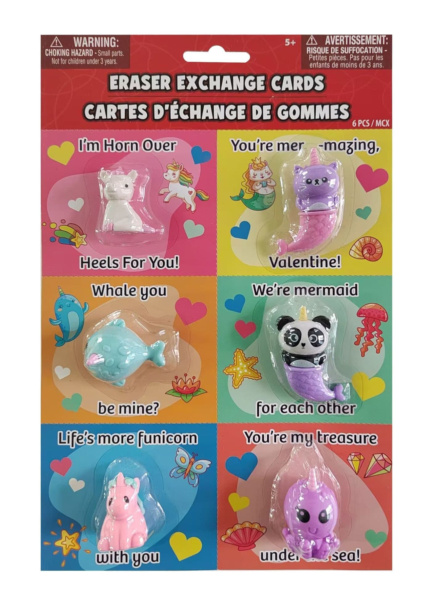 Valentine's Day Unicorn Cards with Built-in Erasers, 6-pc