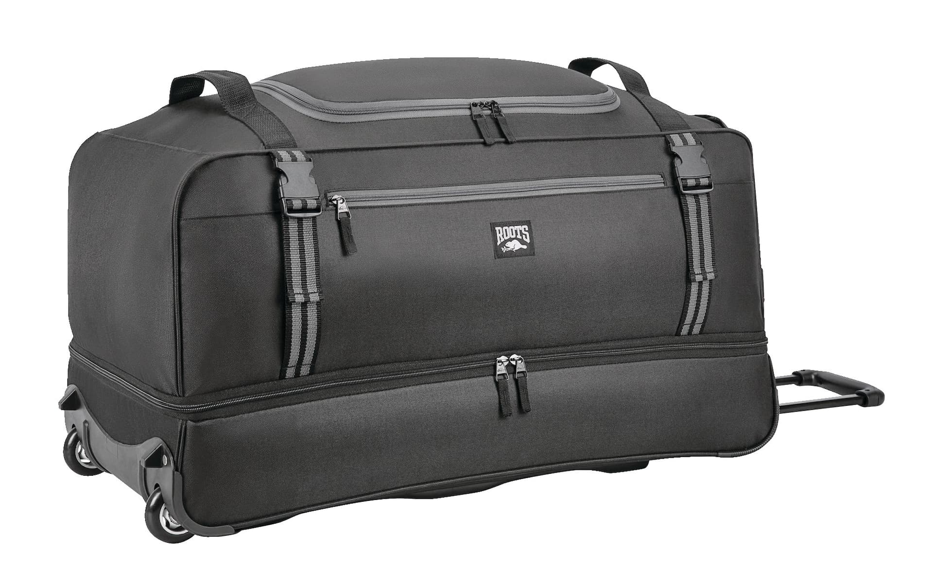 Roots 30-in Wheeled Rolling Travel Luggage Duffle Bag w/ Drop-Bottom Compartment, 122-L, Black