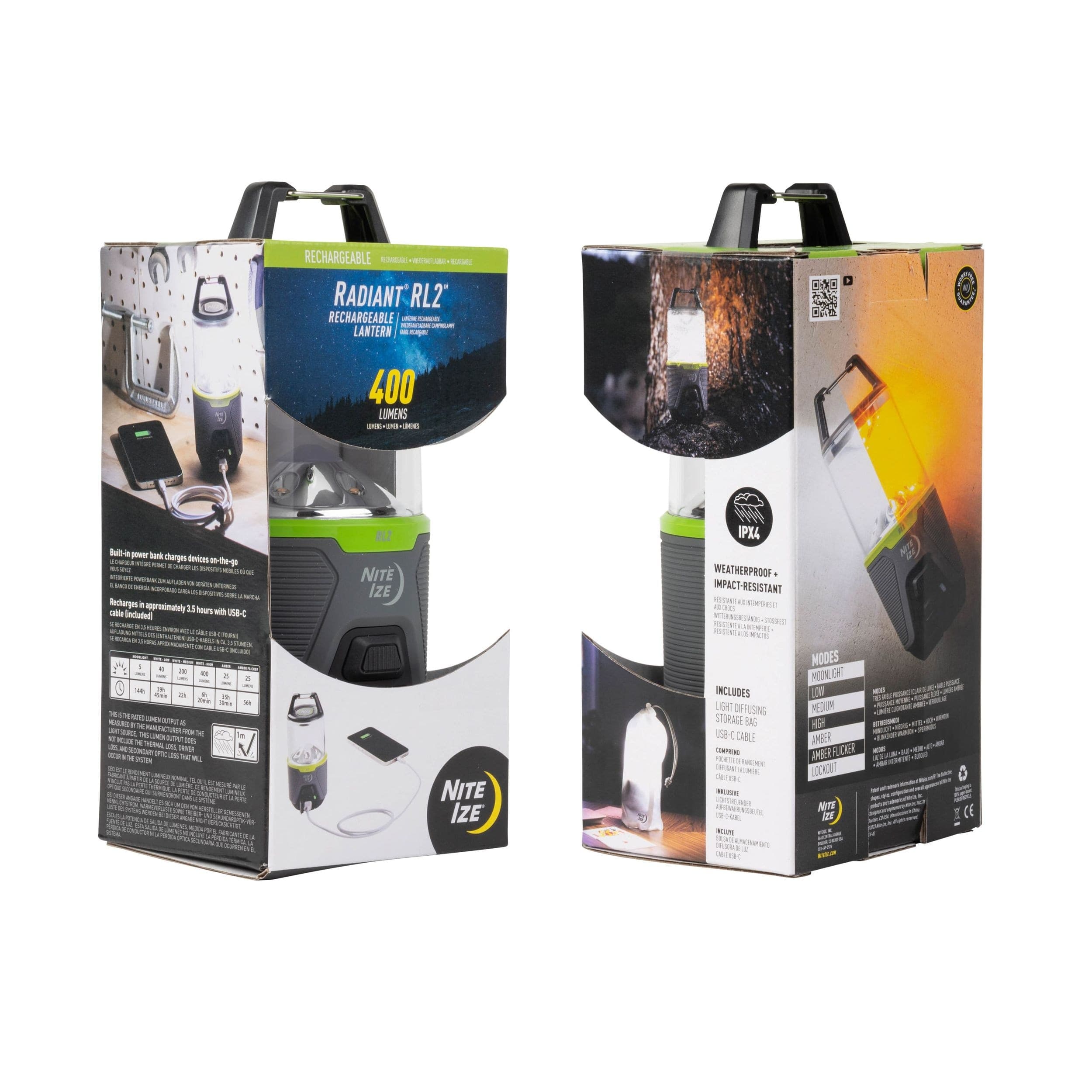 Nite Ize Radiant® RL2™ Rechargeable Dual Colour LED Lantern, Includes Built-in USB Power Bank, Green/Grey