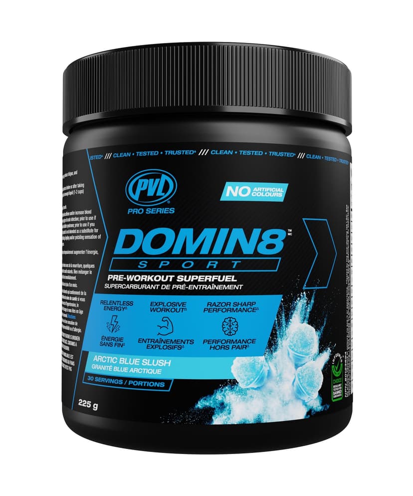 PVL DOMIN8 Sport Vegan Pre-Workout, Artic Blue Slush, 255-g