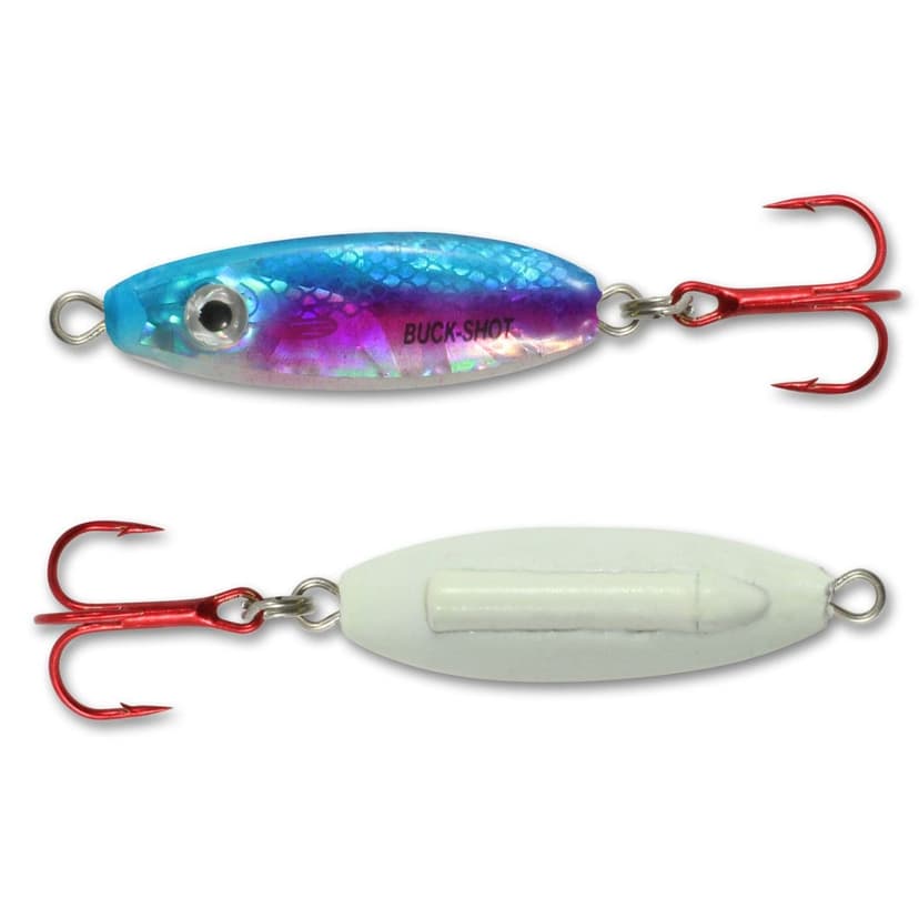 Buck-Shot Ice Fishing Rattle Spoon, Glow Rainbow, 3/8-oz