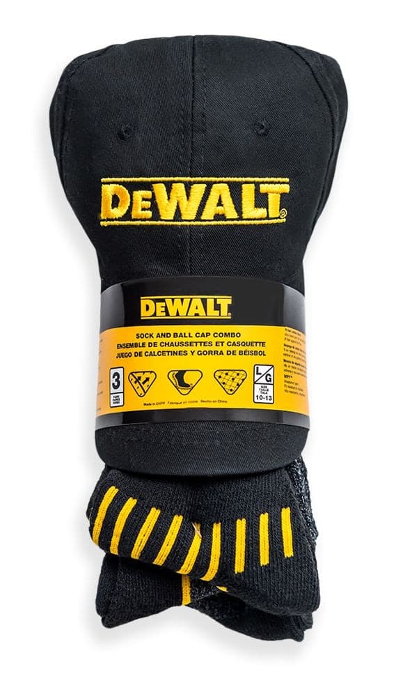 DEWALT Men's Ball Camp Hat & Sock Combo Set, 3-pk, One Size, Black/Gold