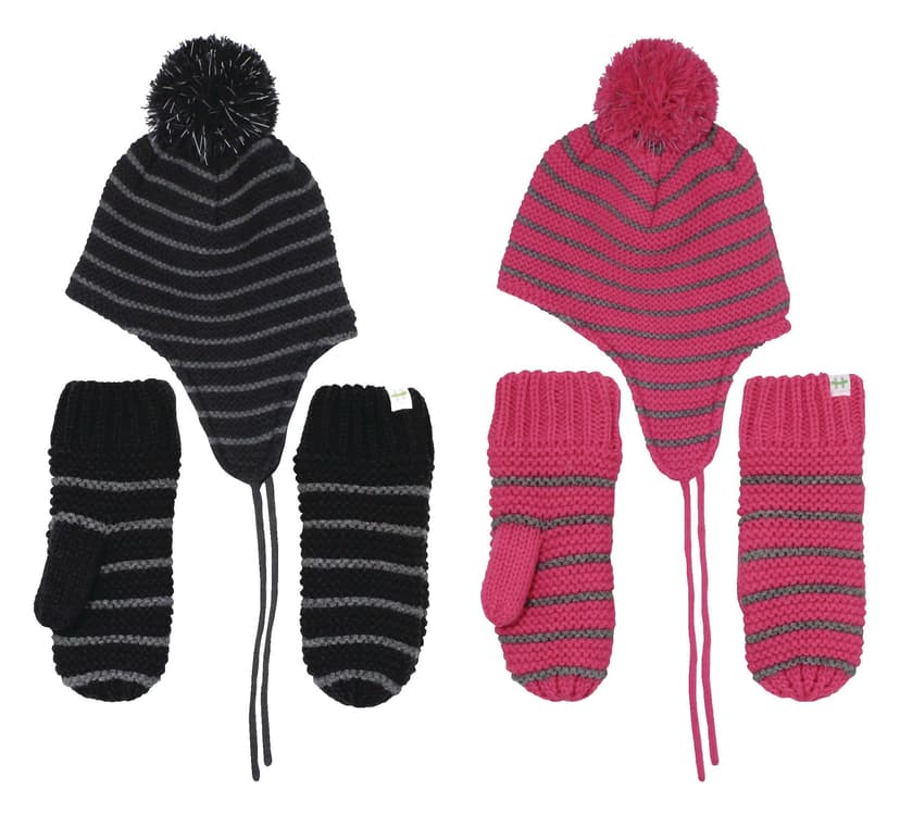 Hot Paws Kids Knit Fleece Lined Pom-Pom Toque Beanie Hat & Mitts/Mittens Set Assorted