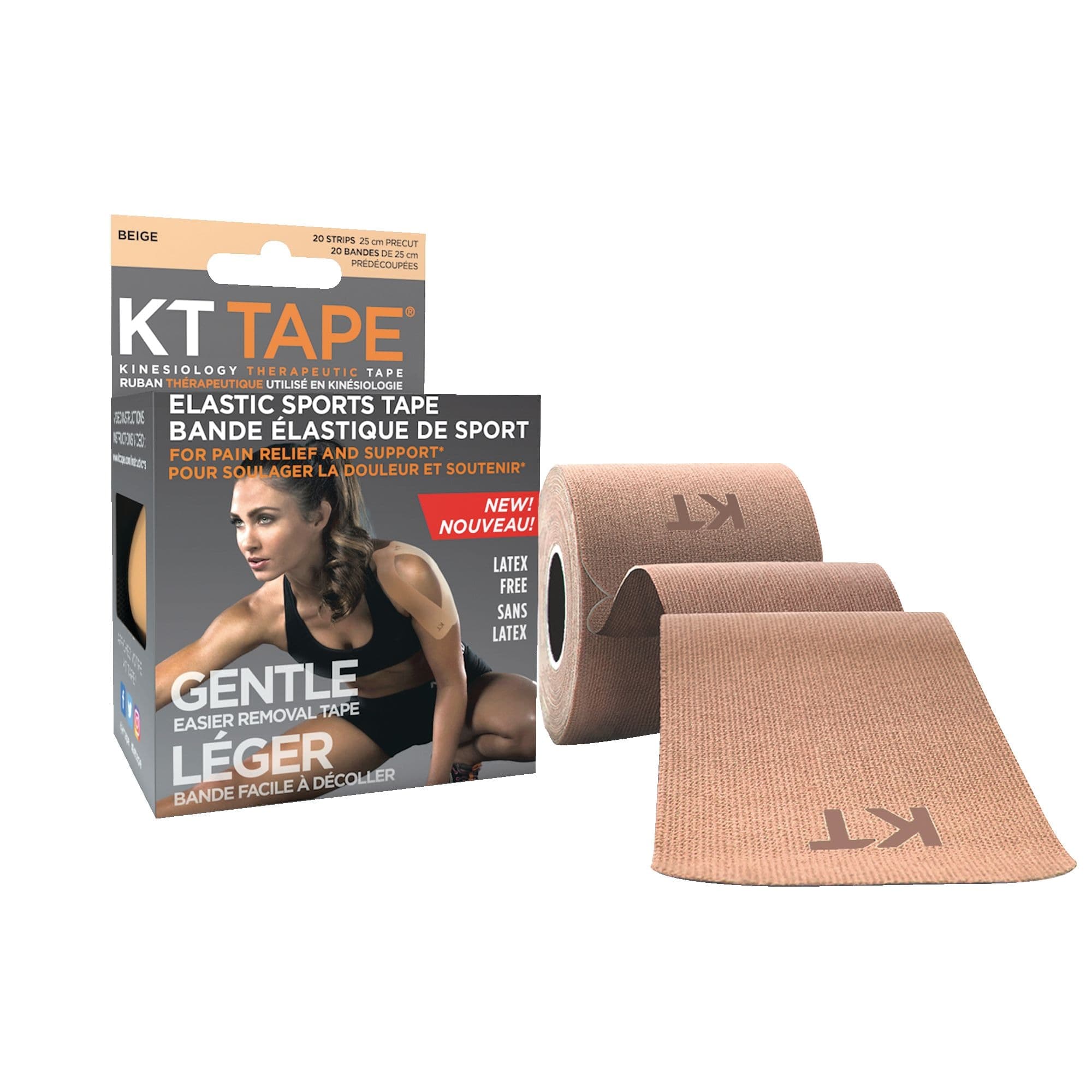KT Tape® Gentle Cotton Pre-Cut Kinesiology Sports Tape, Beige, 10-in x 2-in strips, 20-pk