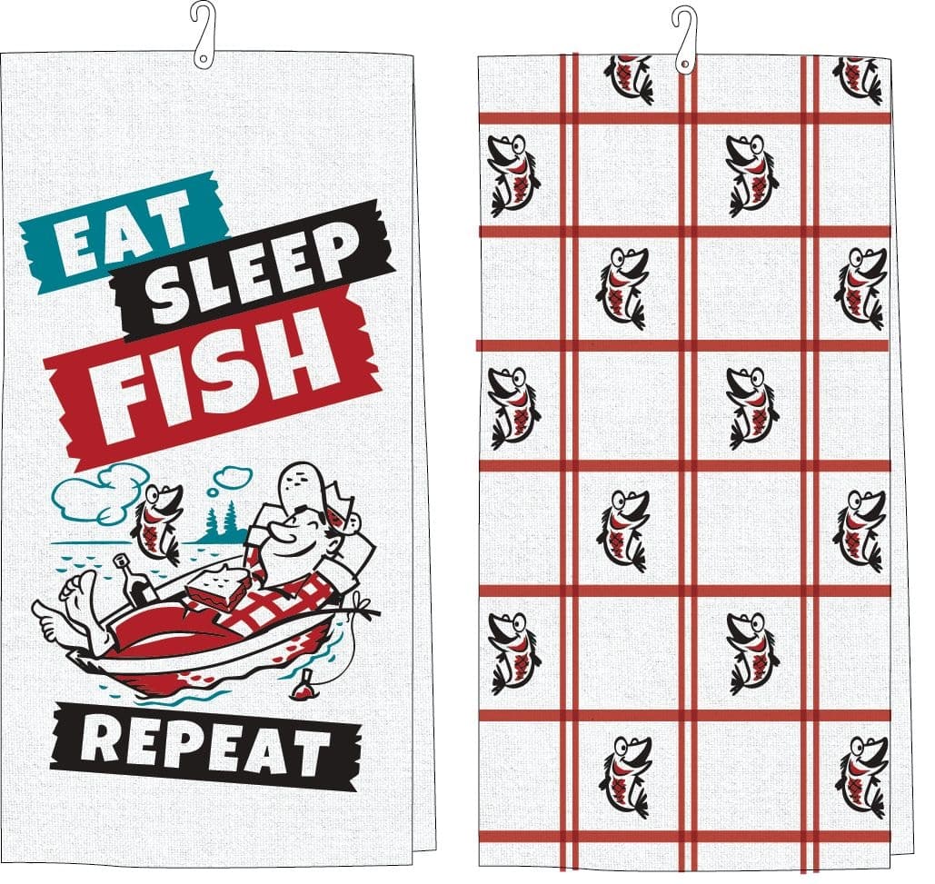 Open Road Brands "East Sleep Fish Repeat" Tea Towel, Cotton, Rectangular, White