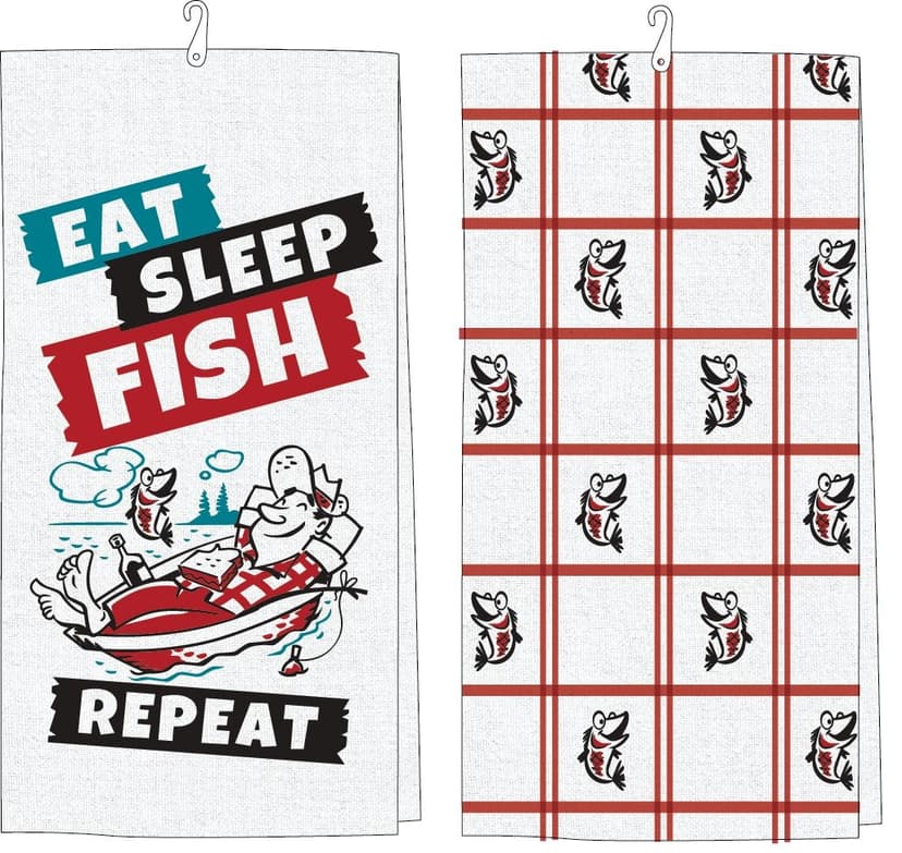Open Road Brands "East Sleep Fish Repeat" Tea Towel, Cotton, Rectangular, White
