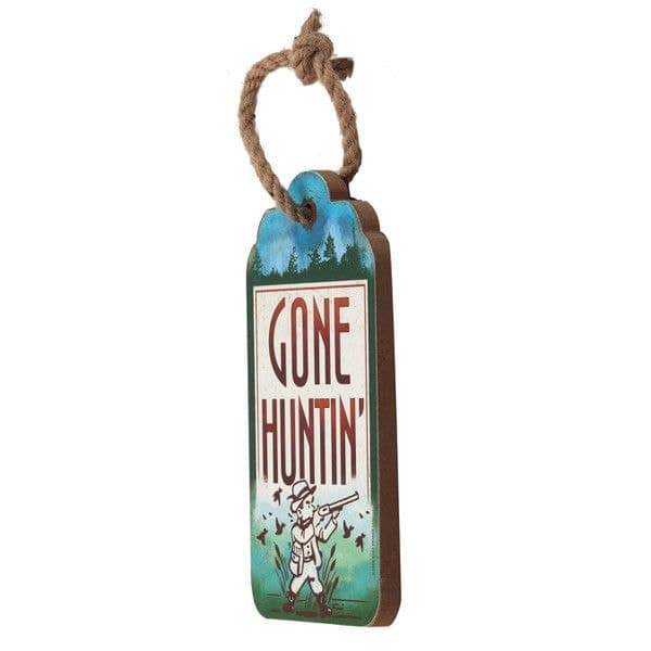 Open Road Brands Hanging Wood "Gone Hunting" Decorative Sign with Natural Rope, Blue