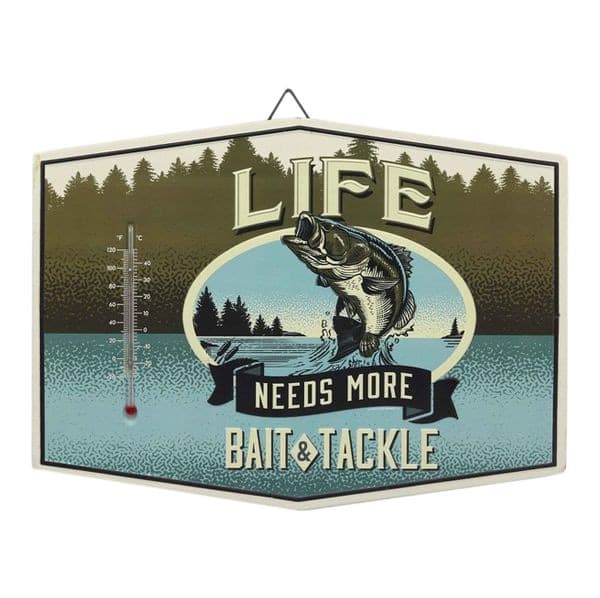Open Road Brands "Life Needs More Bait & Tackle" Decorative Thermometer Sign, Blue