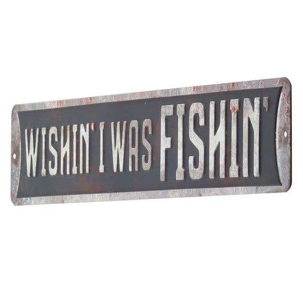 Open Road Brands "Wishing I Was Fishing" Embossed Decorative Tin Sign, Black