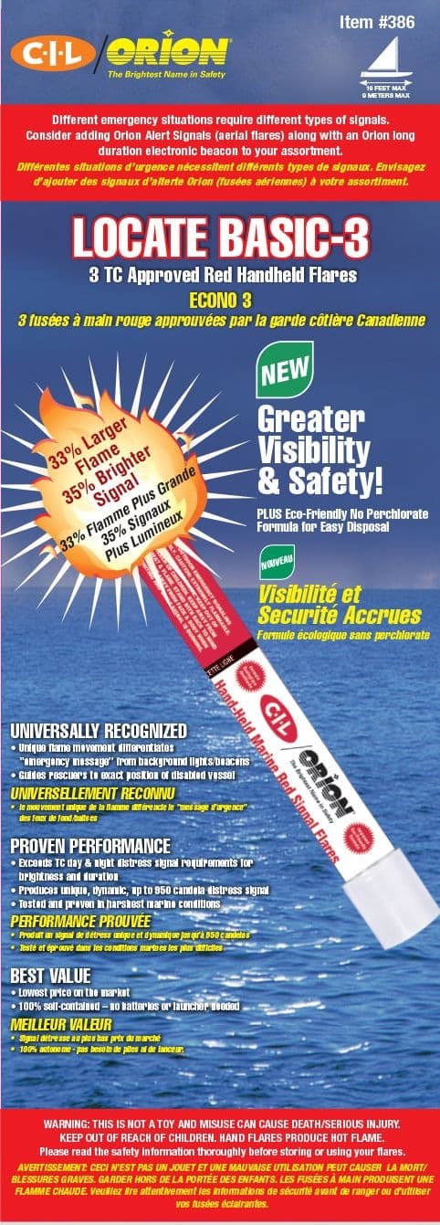 CIL Orion Locate Basic-3 Approved Marine Red Handheld Signal Flares, Non-Percholate, 3-pk