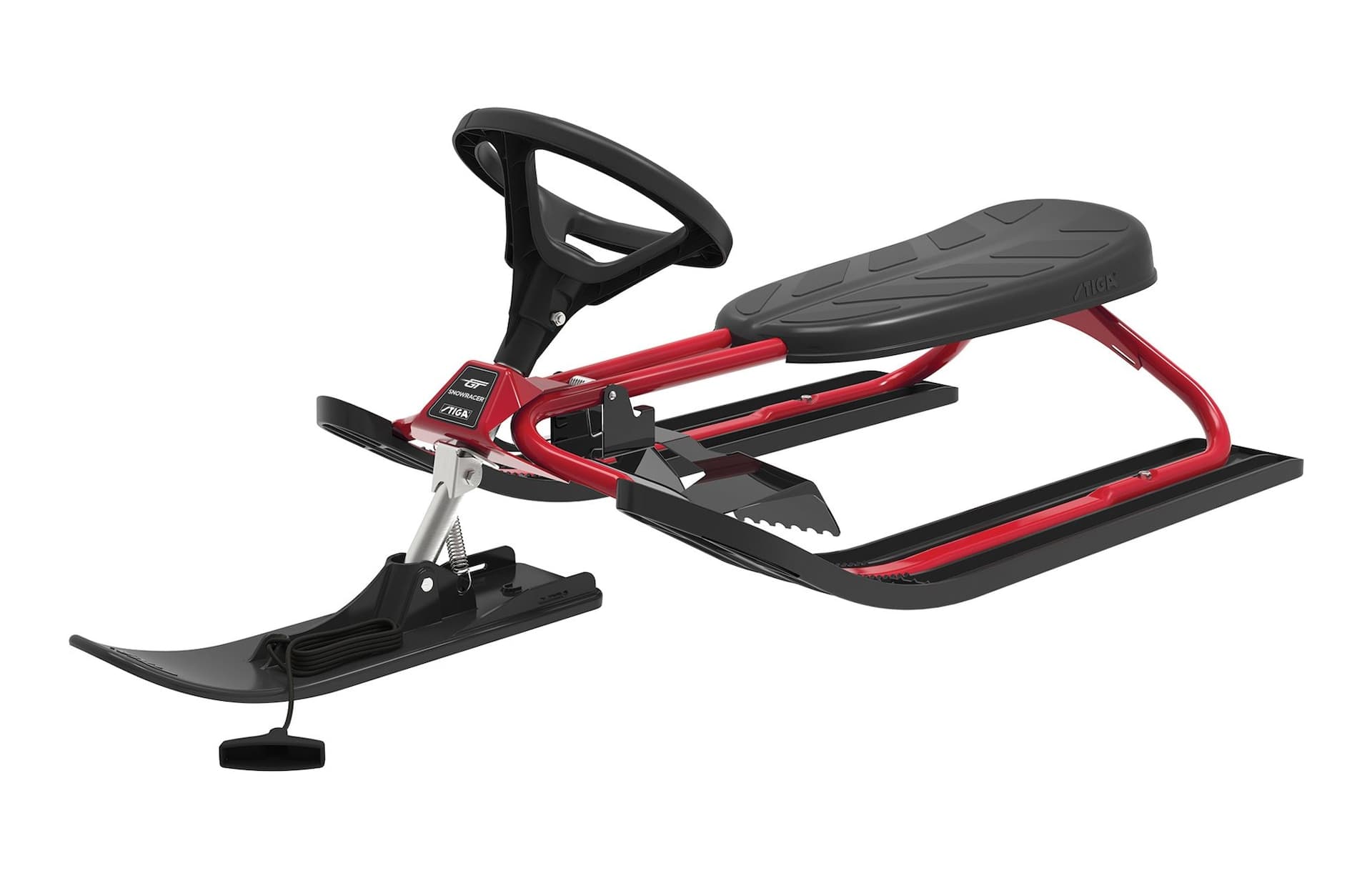 Stiga GT Kids' 1-Person Winter Snow Racer Ski Sled w/ Steering Wheel & Brakes, Red, Ages 5+
