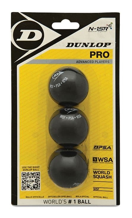 Dunlop Pro Double Yellow Dot WSF & PSA Squash Balls For Advanced Level Players Black, 3-pk
