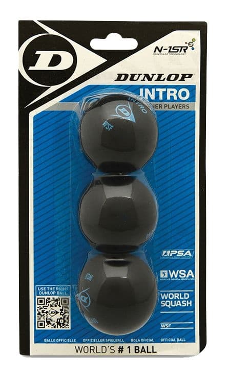 Dunlop Intro Single Blue Dot WSF & PSA Squash Balls For Beginner Level Players Black, 3-pk