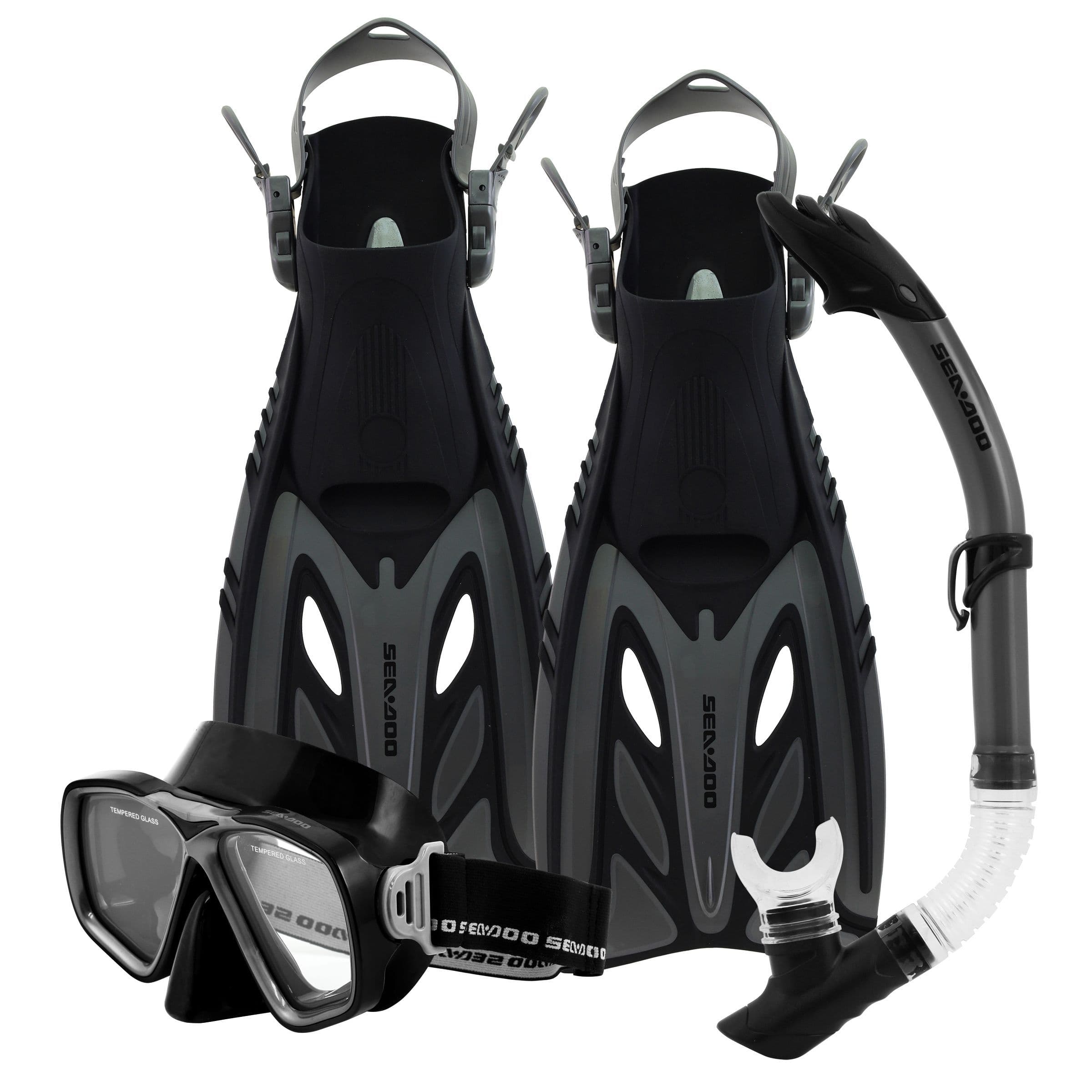 SeaDoo Black Adult Mask, Snorkel, and Fins Set, Ages 14+