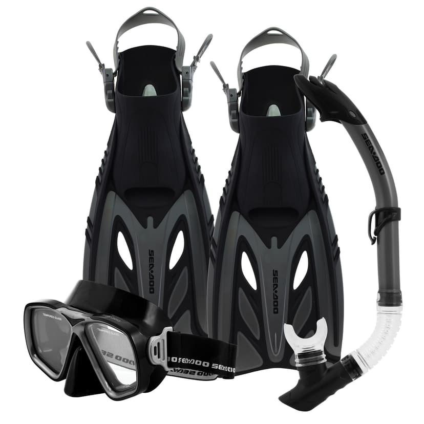 SeaDoo Black Adult Mask, Snorkel, and Fins Set, Ages 14+