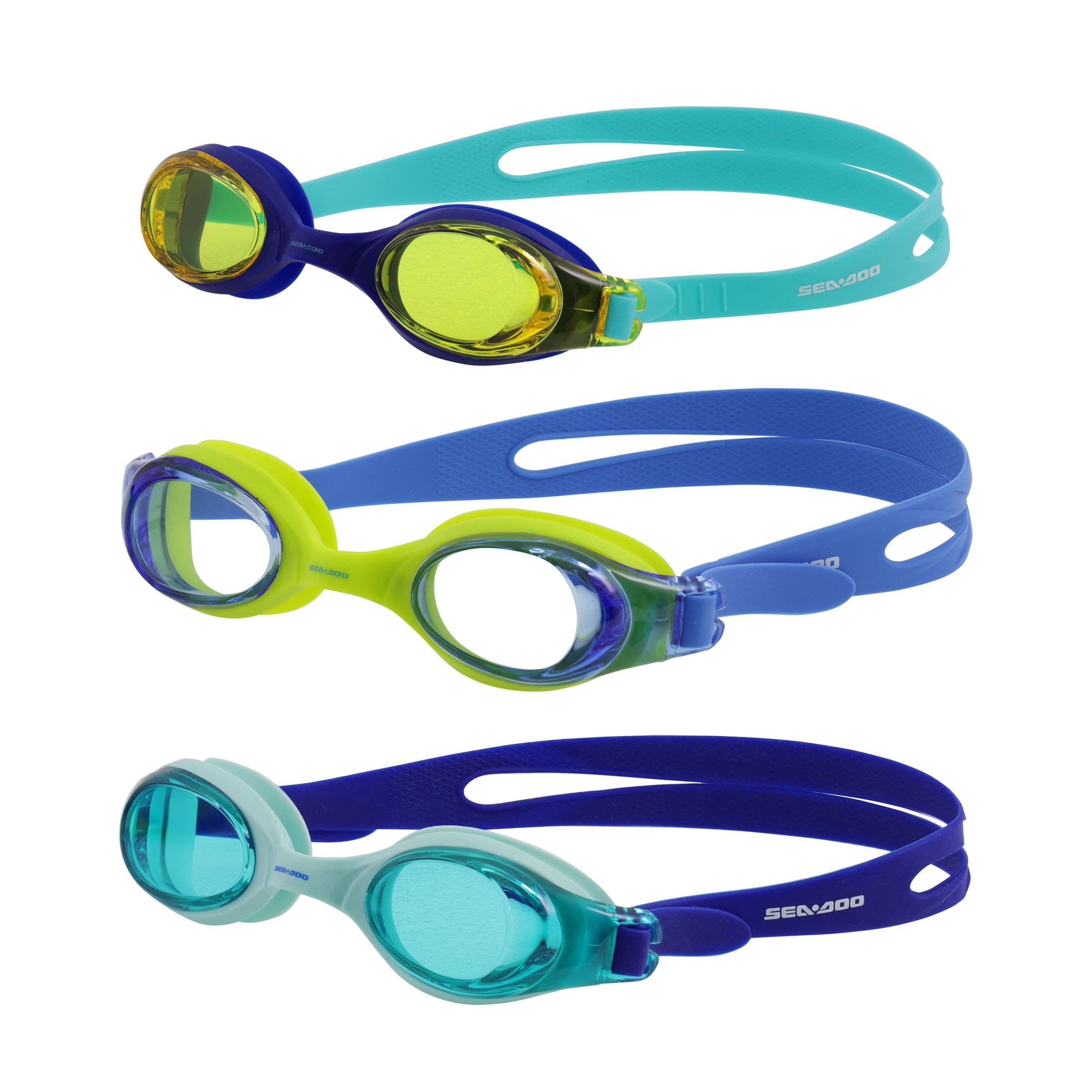 SeaDoo Junior Anti-Fog Swim Goggles with Durable PC Lens, Ages 6-14, 3-pc