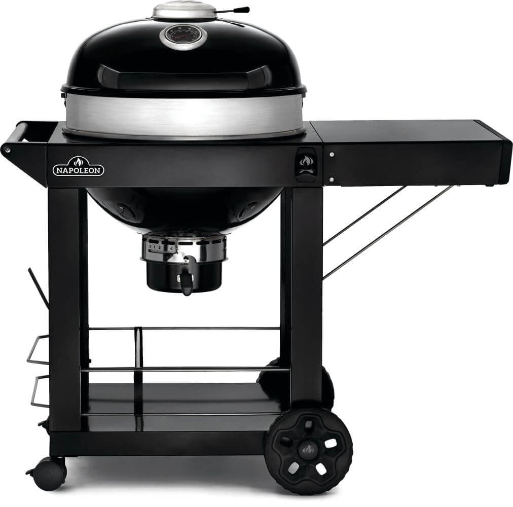 Napoleon PRO Charcoal Kettle BBQ Grill with Cart and Folding Prep Shelf, Hinged Cooking Grids, 22-in